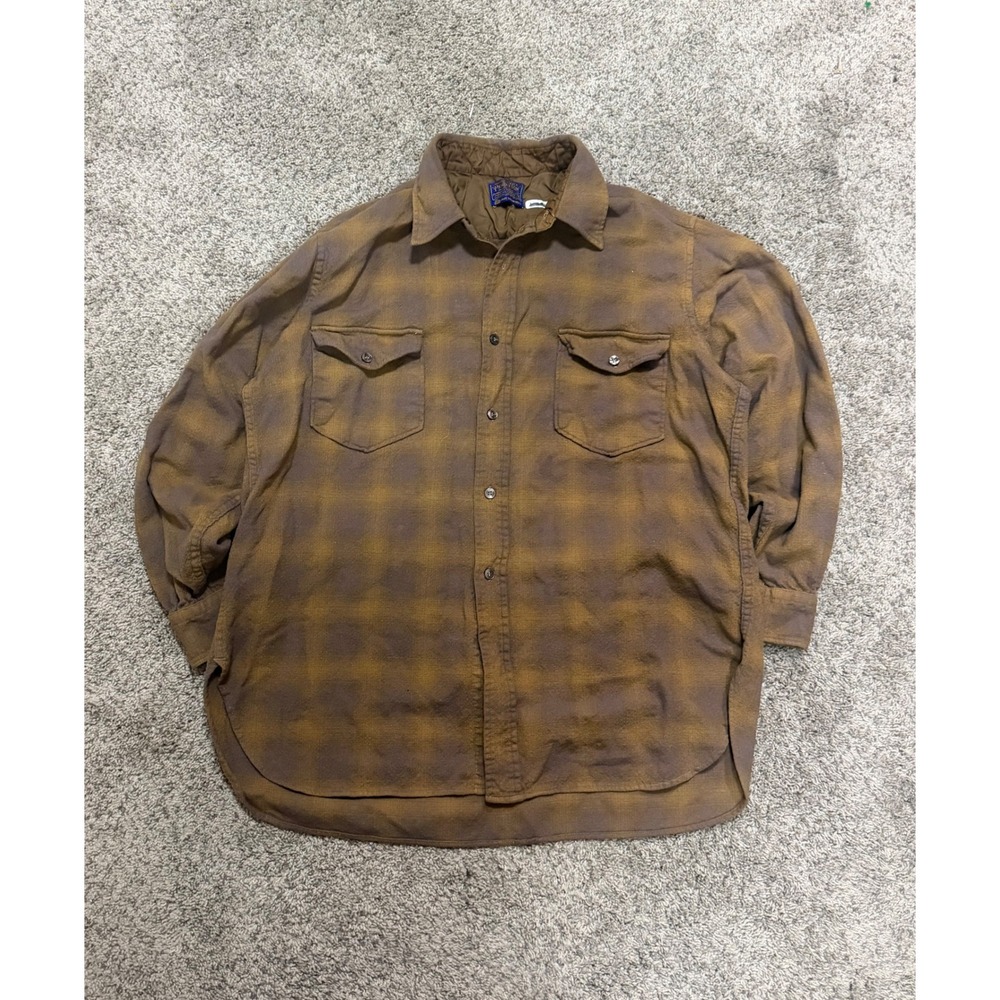 Vintage Pendleton Wool Shadow Plaid Board Shirt Brown Tan Mens 17.5 XL